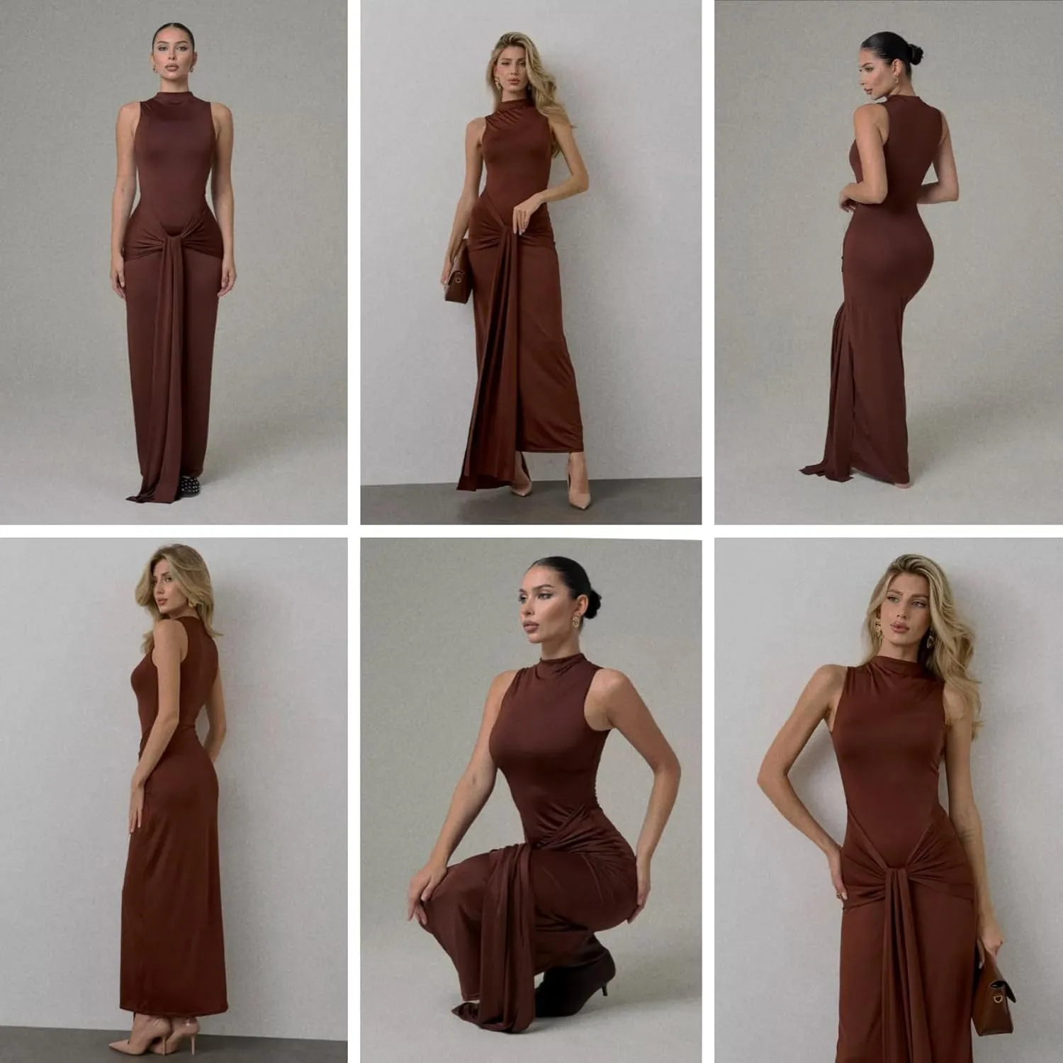 JUMISEE Women's Sexy High Neck Long Sleeve Maxi Dress Elegant Tie Waist Bodycon Long Dress Cocktail Party Dress