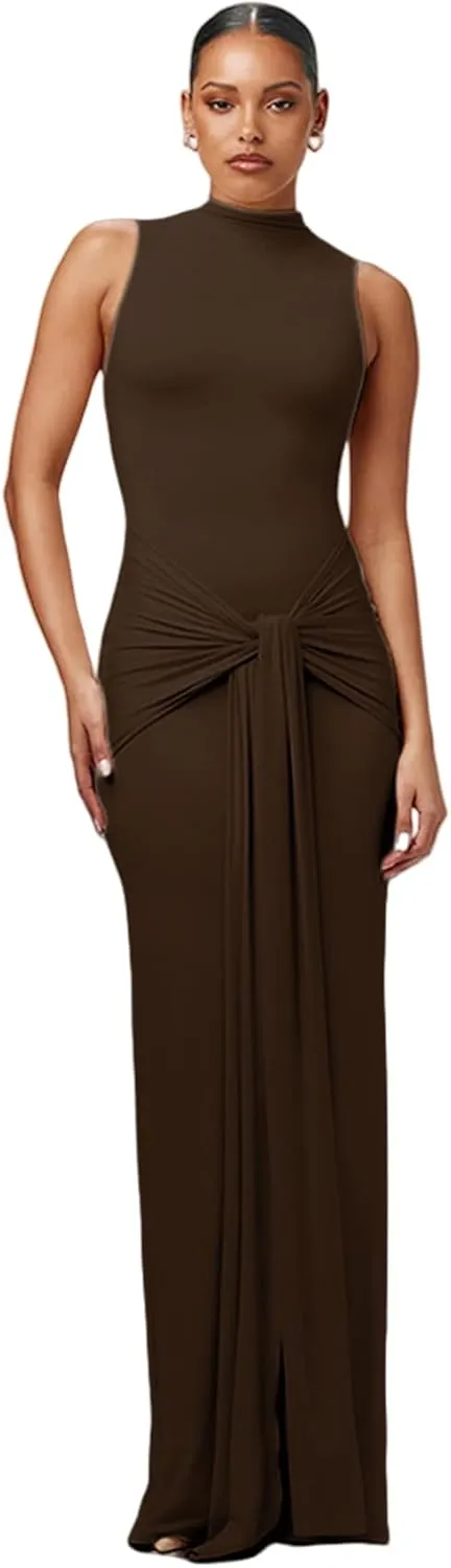 JUMISEE Women's Sexy High Neck Long Sleeve Maxi Dress Elegant Tie Waist Bodycon Long Dress Cocktail Party Dress
