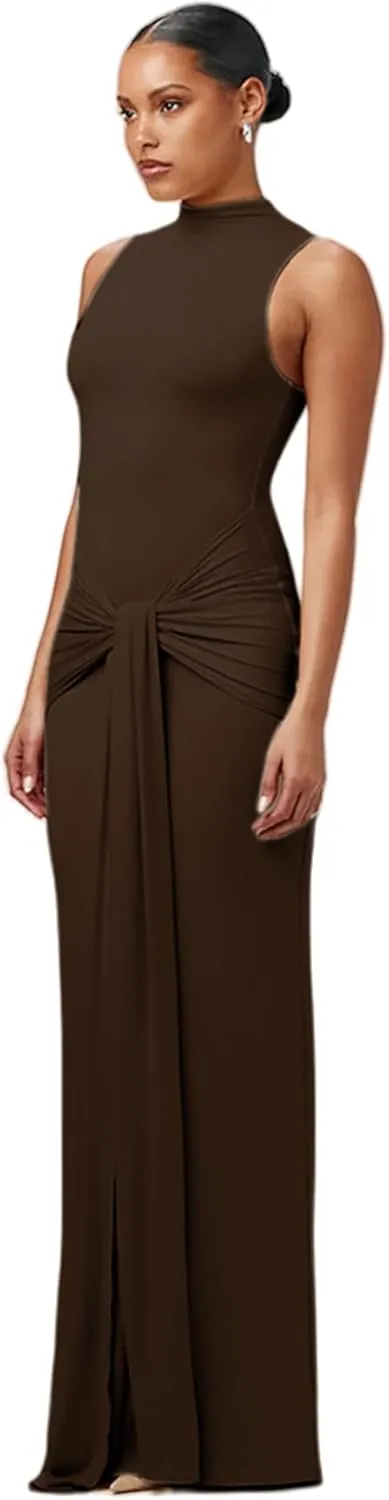 JUMISEE Women's Sexy High Neck Long Sleeve Maxi Dress Elegant Tie Waist Bodycon Long Dress Cocktail Party Dress