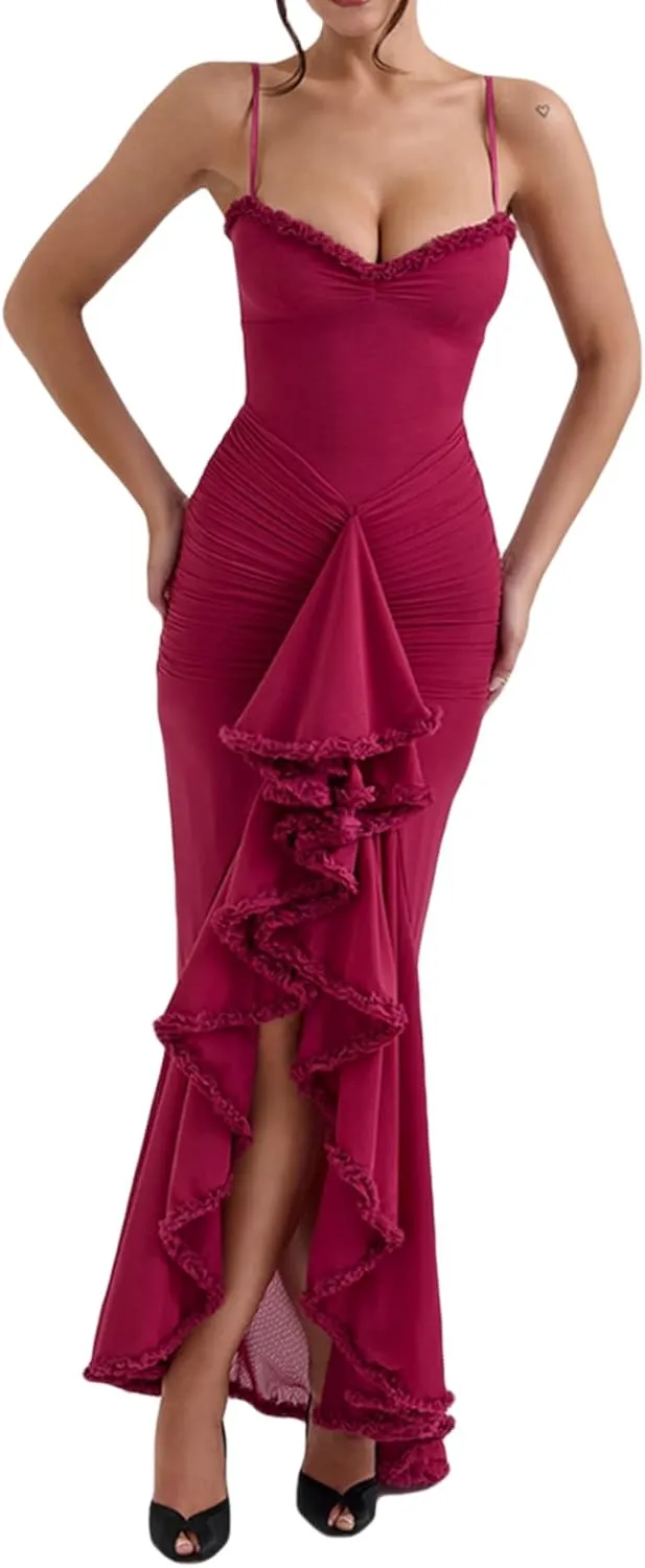 meilun Elegant Mesh Wedding Guest Dress Flowy Ruffle Bodycon Maxi Dress Fishtail Long Formal Dress