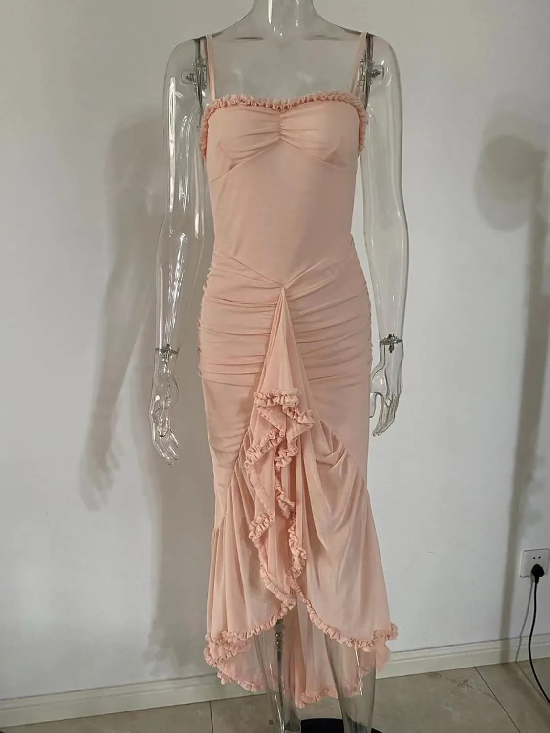 meilun Elegant Mesh Wedding Guest Dress Flowy Ruffle Bodycon Maxi Dress Fishtail Long Formal Dress