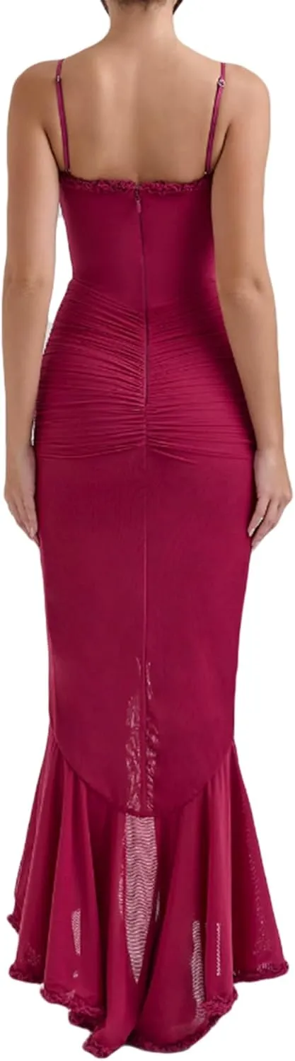 meilun Elegant Mesh Wedding Guest Dress Flowy Ruffle Bodycon Maxi Dress Fishtail Long Formal Dress