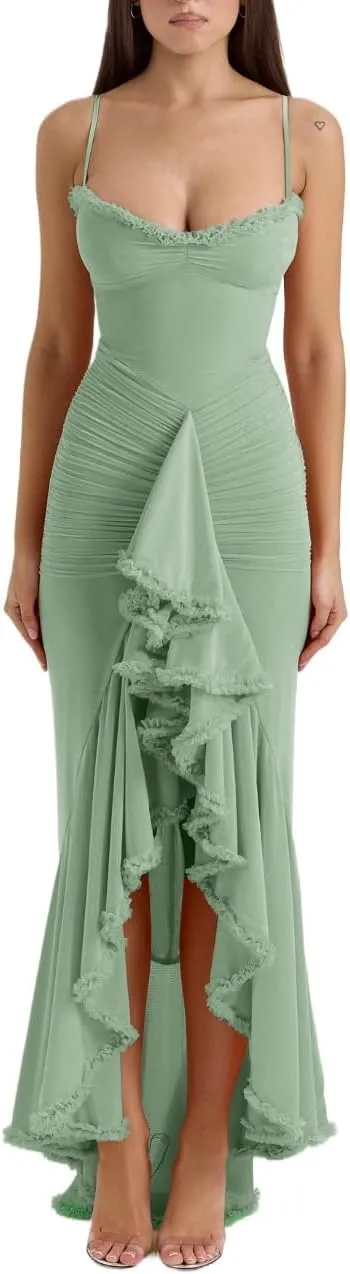 meilun Elegant Mesh Wedding Guest Dress Flowy Ruffle Bodycon Maxi Dress Fishtail Long Formal Dress
