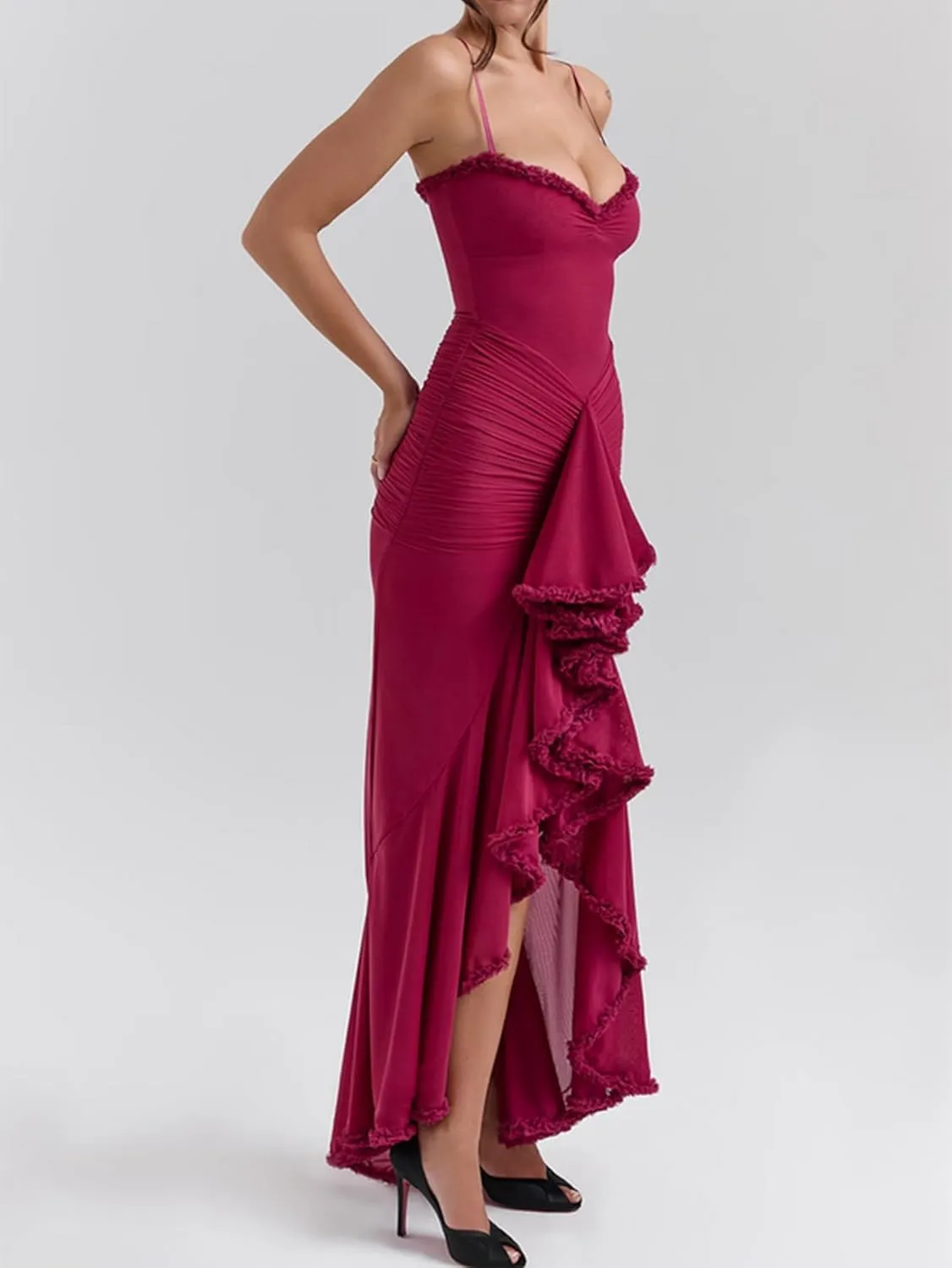 meilun Elegant Mesh Wedding Guest Dress Flowy Ruffle Bodycon Maxi Dress Fishtail Long Formal Dress