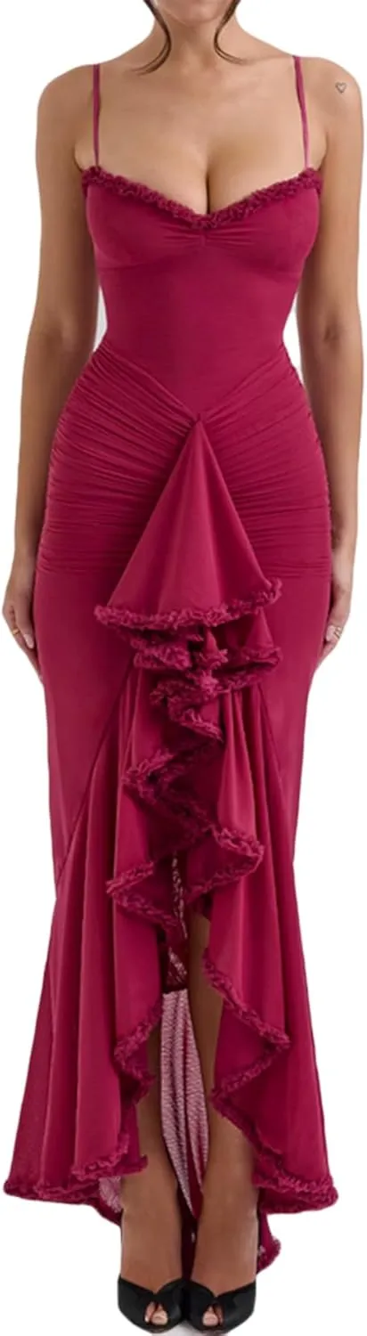 meilun Elegant Mesh Wedding Guest Dress Flowy Ruffle Bodycon Maxi Dress Fishtail Long Formal Dress
