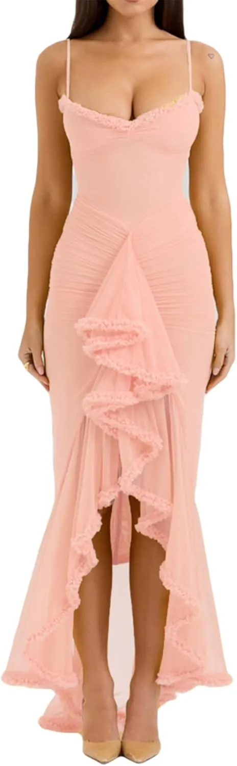 meilun Elegant Mesh Wedding Guest Dress Flowy Ruffle Bodycon Maxi Dress Fishtail Long Formal Dress