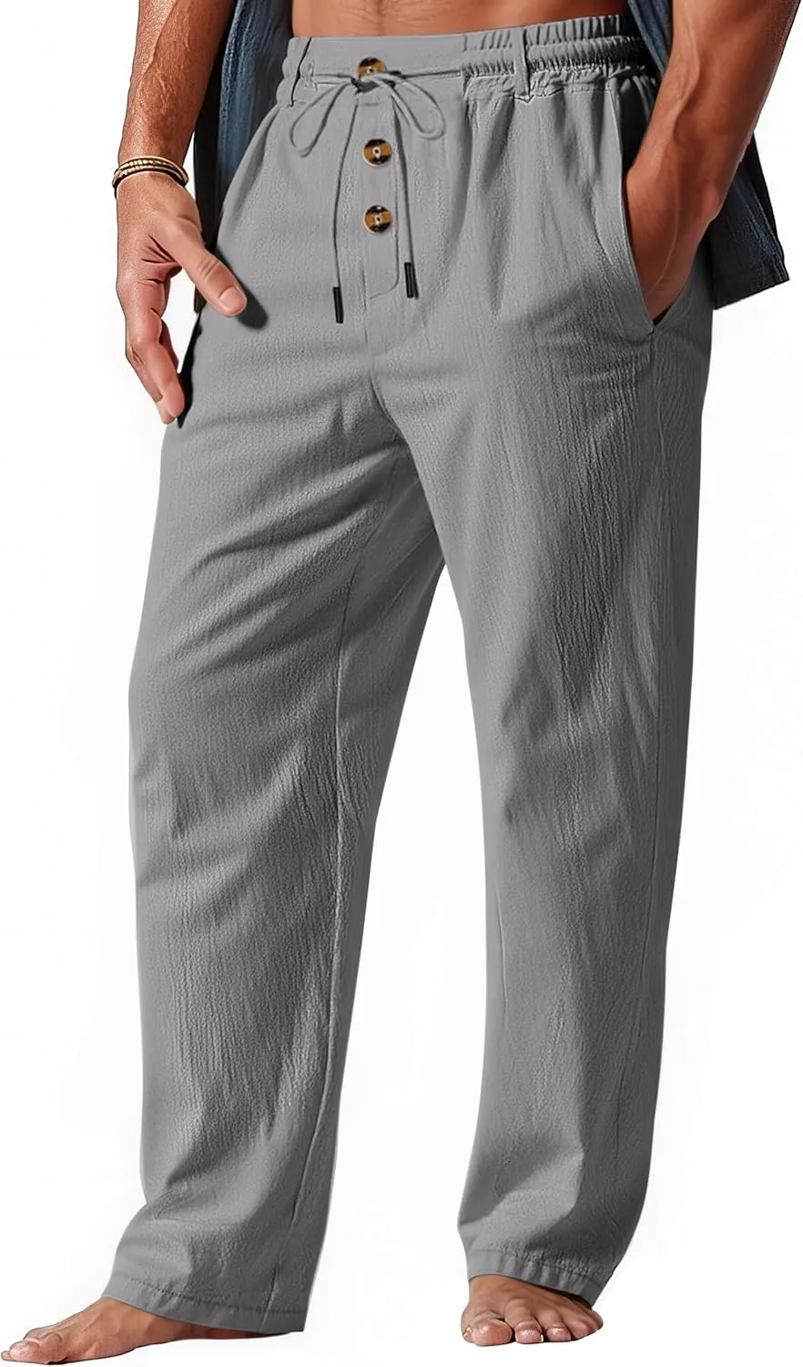 Mens Casual Linen Pants Loose Fit Elastic Drawstring Waist Straight-Legs Summer Yoga Beach Long Pants