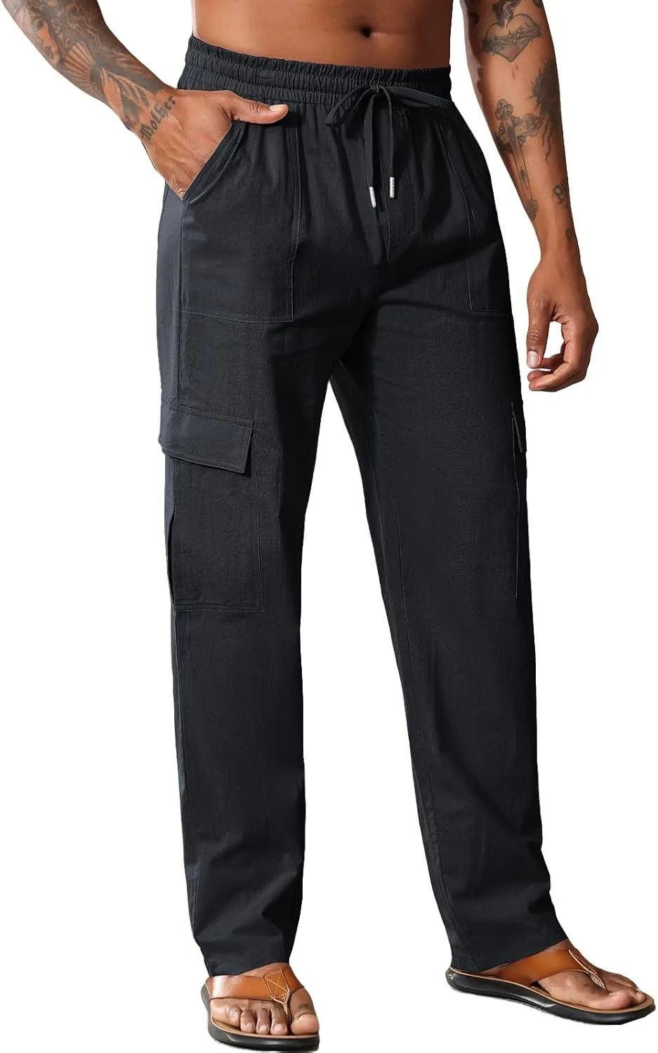 Men's Casual Linen Pants Summer Loose Fit Elastic Waist Drawstring Pants Lightweight Linen Cargo Trousers with Pockets
