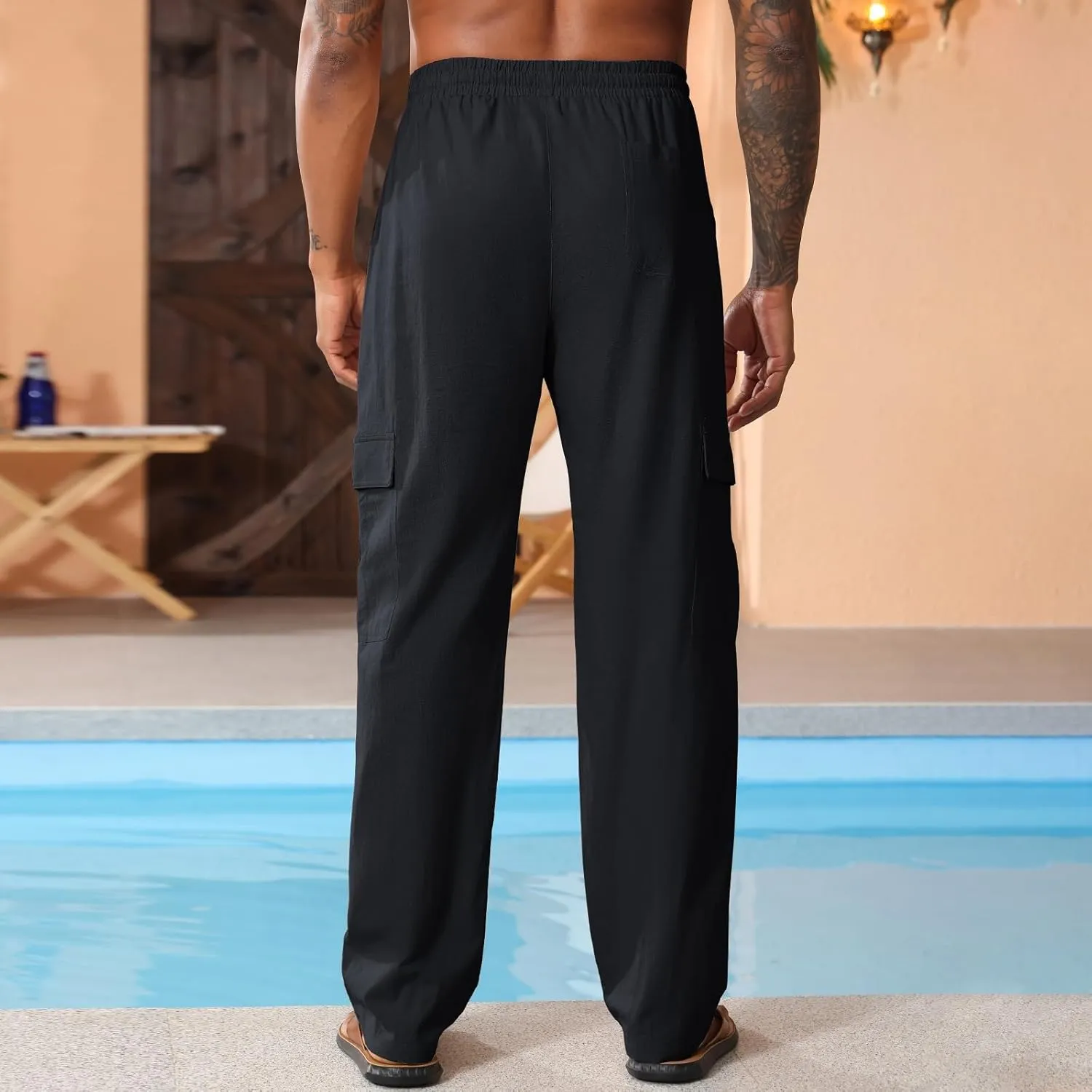 Men's Casual Linen Pants Summer Loose Fit Elastic Waist Drawstring Pants Lightweight Linen Cargo Trousers with Pockets
