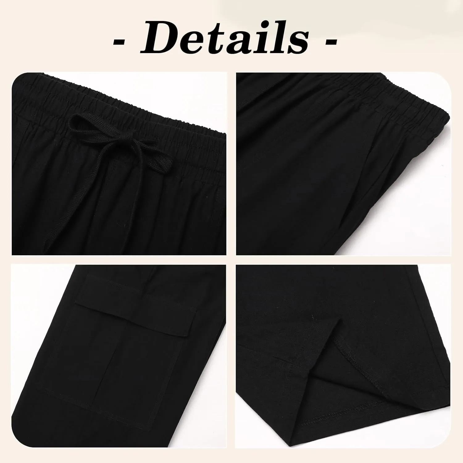 Men's Casual Linen Pants Summer Loose Fit Elastic Waist Drawstring Pants Lightweight Linen Cargo Trousers with Pockets