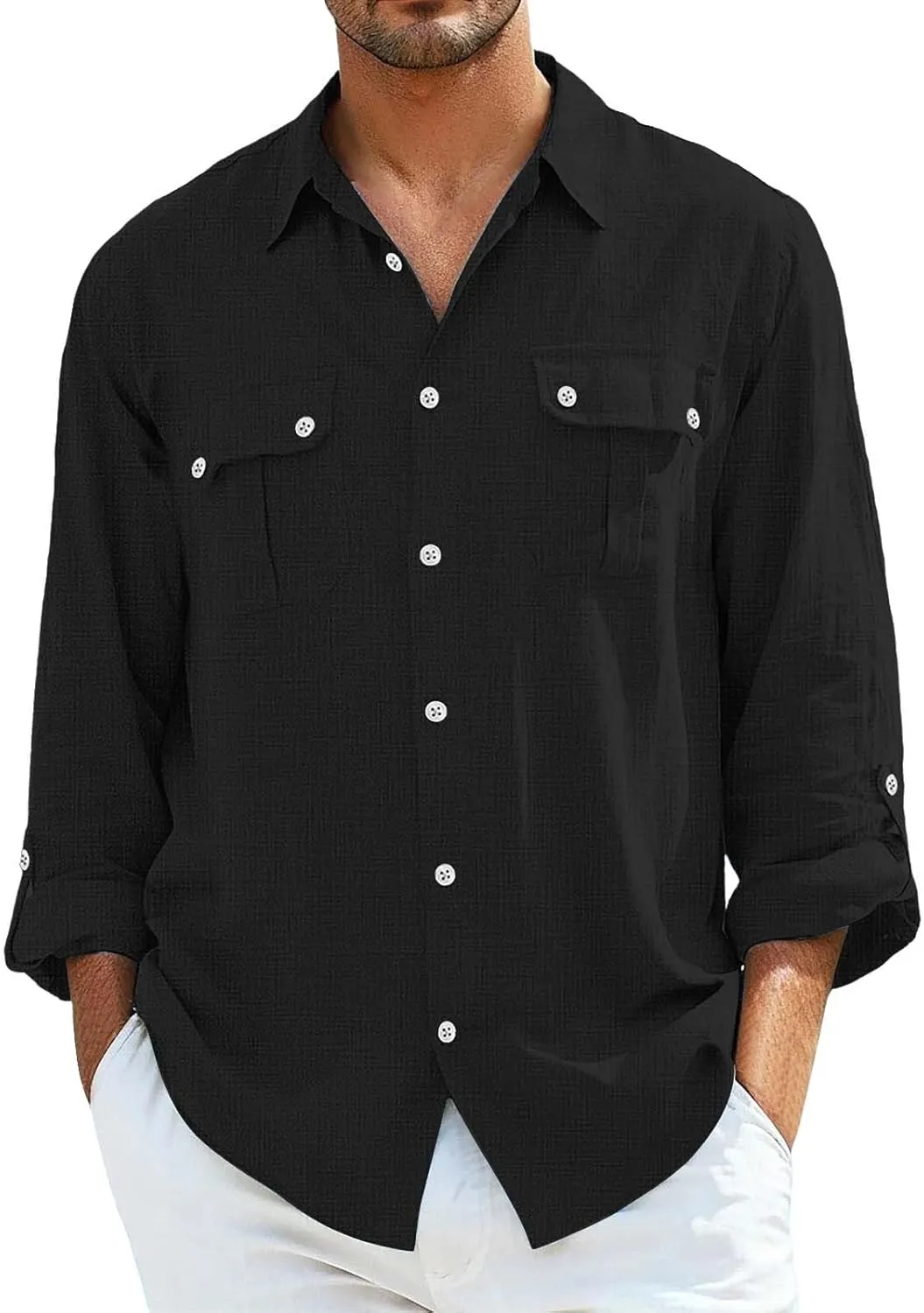 Men's Cotton Linen Shirts Retro Multi-Pockets Lapel Long Sleeve Workwear Breathable Quick Dry Summer Tropical Tops