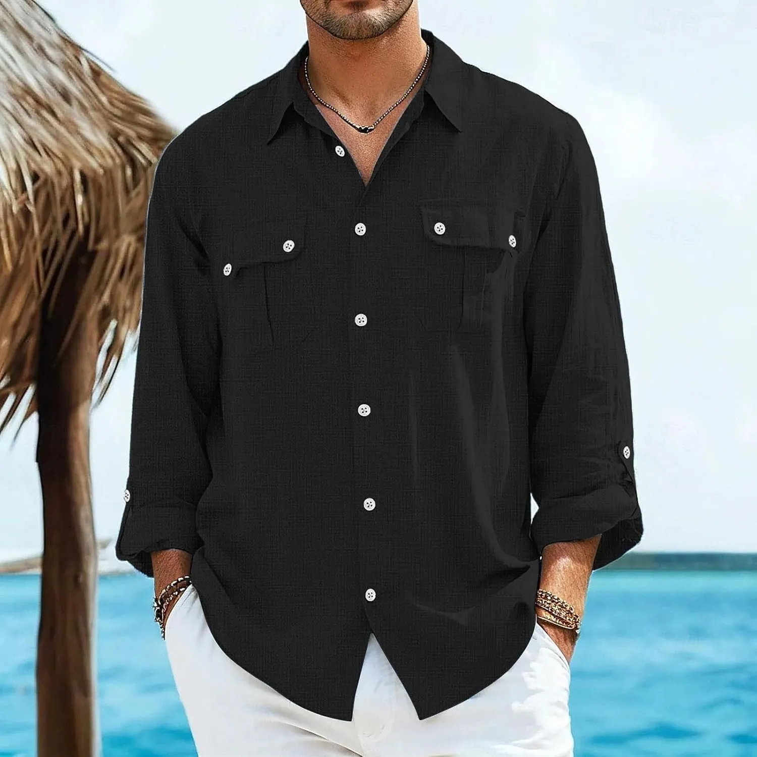 Men's Cotton Linen Shirts Retro Multi-Pockets Lapel Long Sleeve Workwear Breathable Quick Dry Summer Tropical Tops