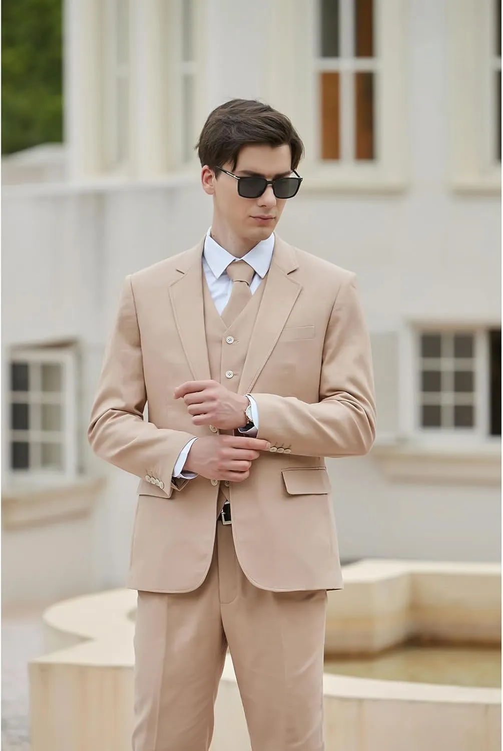 Men's herringbone Linen Suits Beach Wedding Tuxedo Summer Slim Fit Light Weight 3 Pieces