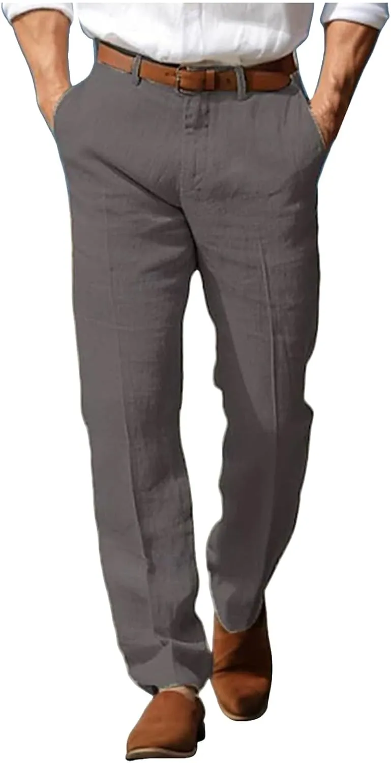 Men's Linen Cotton Dress Pants Summer Breathable Lightweight Trousers Straight Leg Casual Beach Yoga Pants Pockets