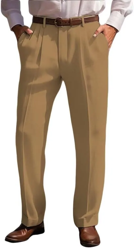 Men’s Linen Leisure Dress Pants Pleated Summer Casual Pants Loose Fit Breathable Beach Vacation Pants Long