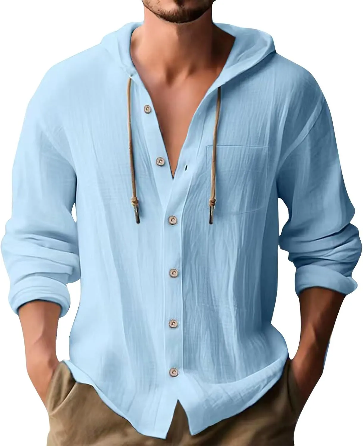 Men's Linen Shirts with Hood Quick Dry Breathable Long Sleeve Button Down Summer Beach Hippie Shirt Loose Sweatshirts
