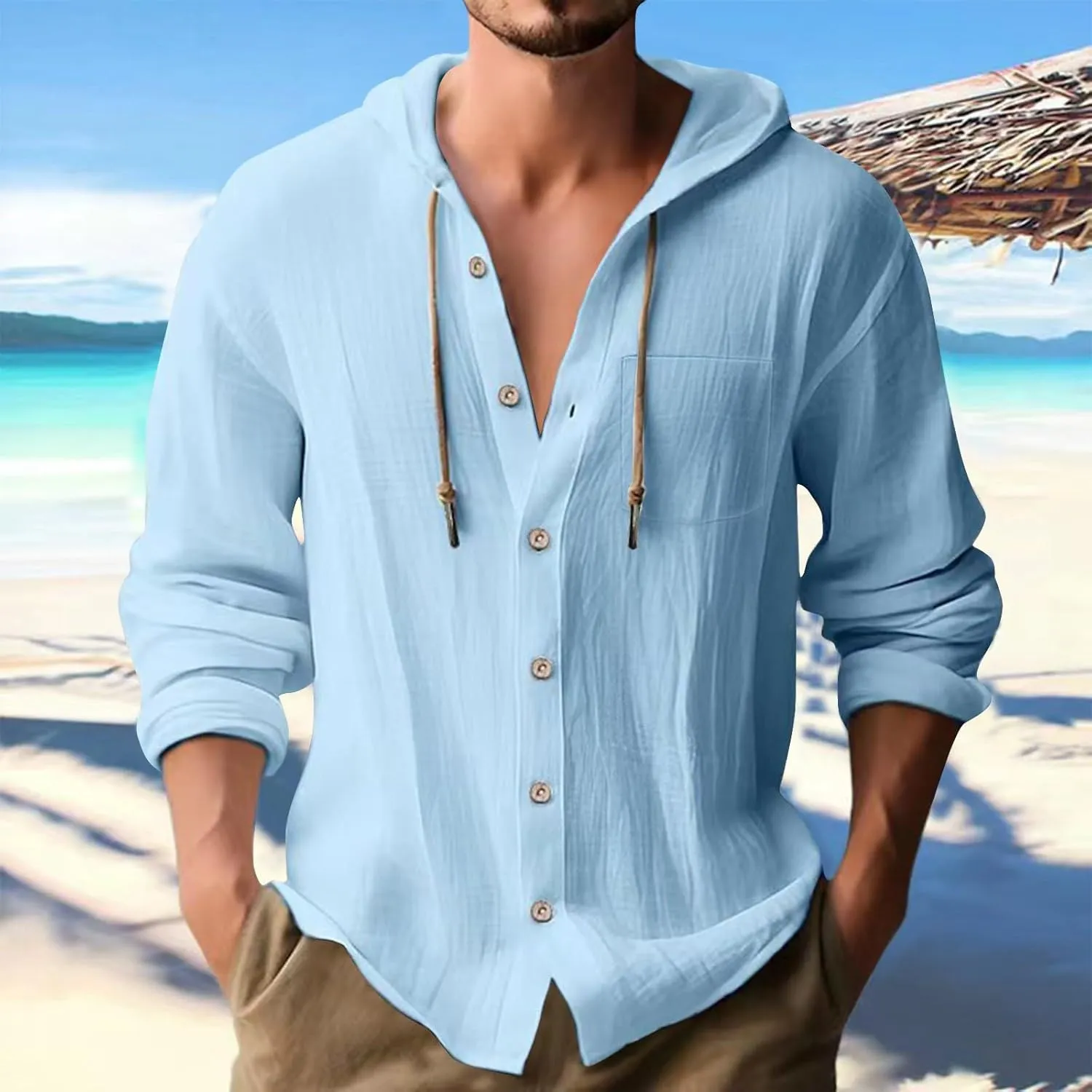 Men's Linen Shirts with Hood Quick Dry Breathable Long Sleeve Button Down Summer Beach Hippie Shirt Loose Sweatshirts