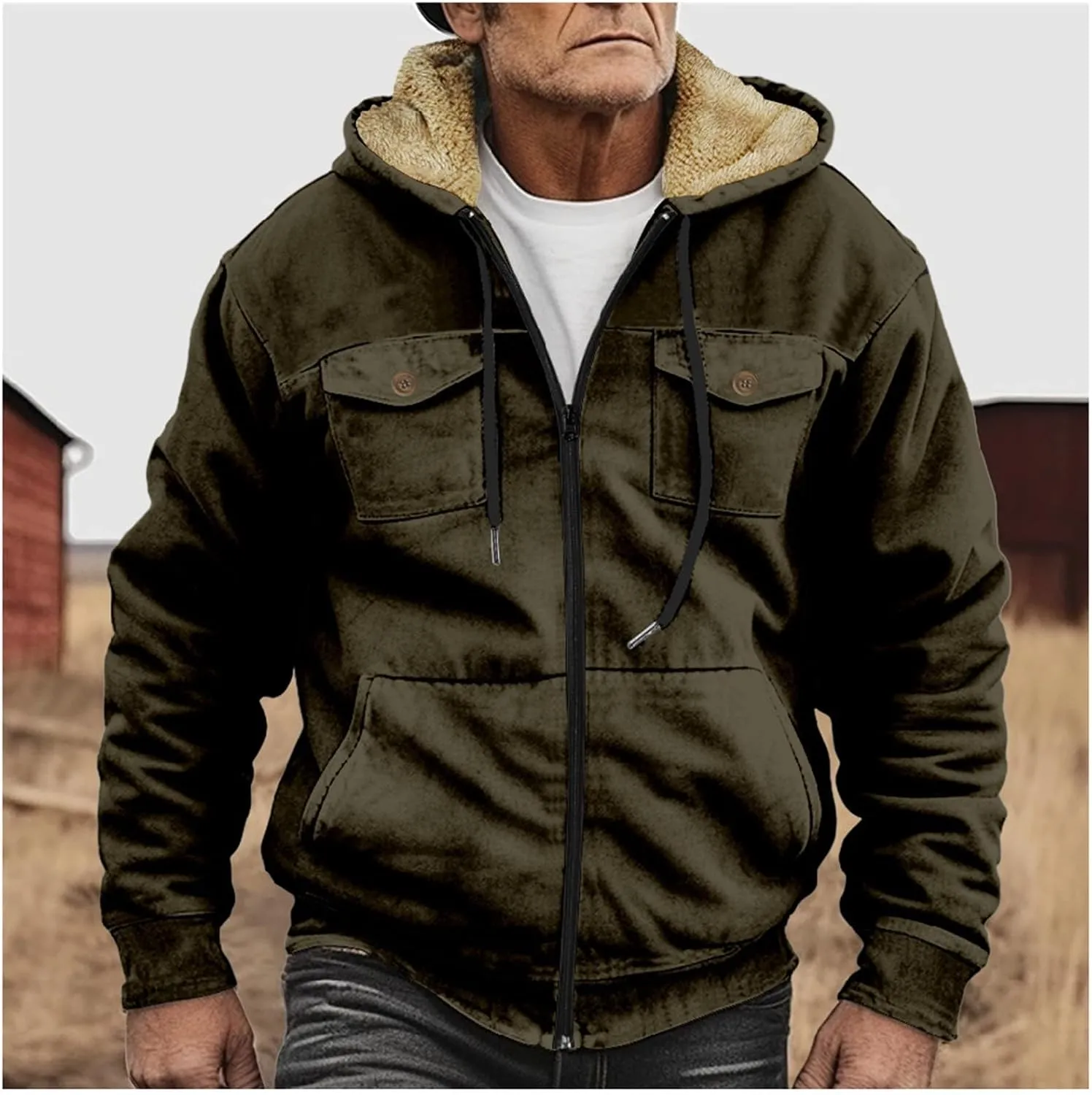 Men's Oversized Sherpa Lined Hoodies Thicken Fleece Drawstring Zip Up Hooded Jackets Sweatshirt Warm Soft Winter Coat