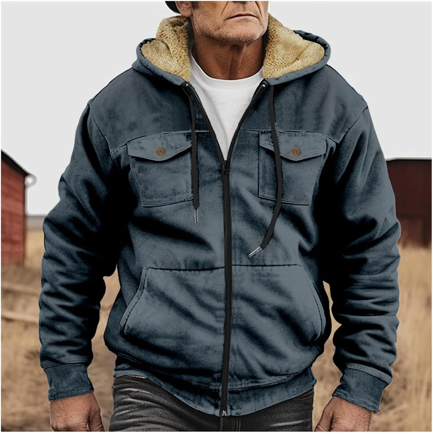 Men's Oversized Sherpa Lined Hoodies Thicken Fleece Drawstring Zip Up Hooded Jackets Sweatshirt Warm Soft Winter Coat