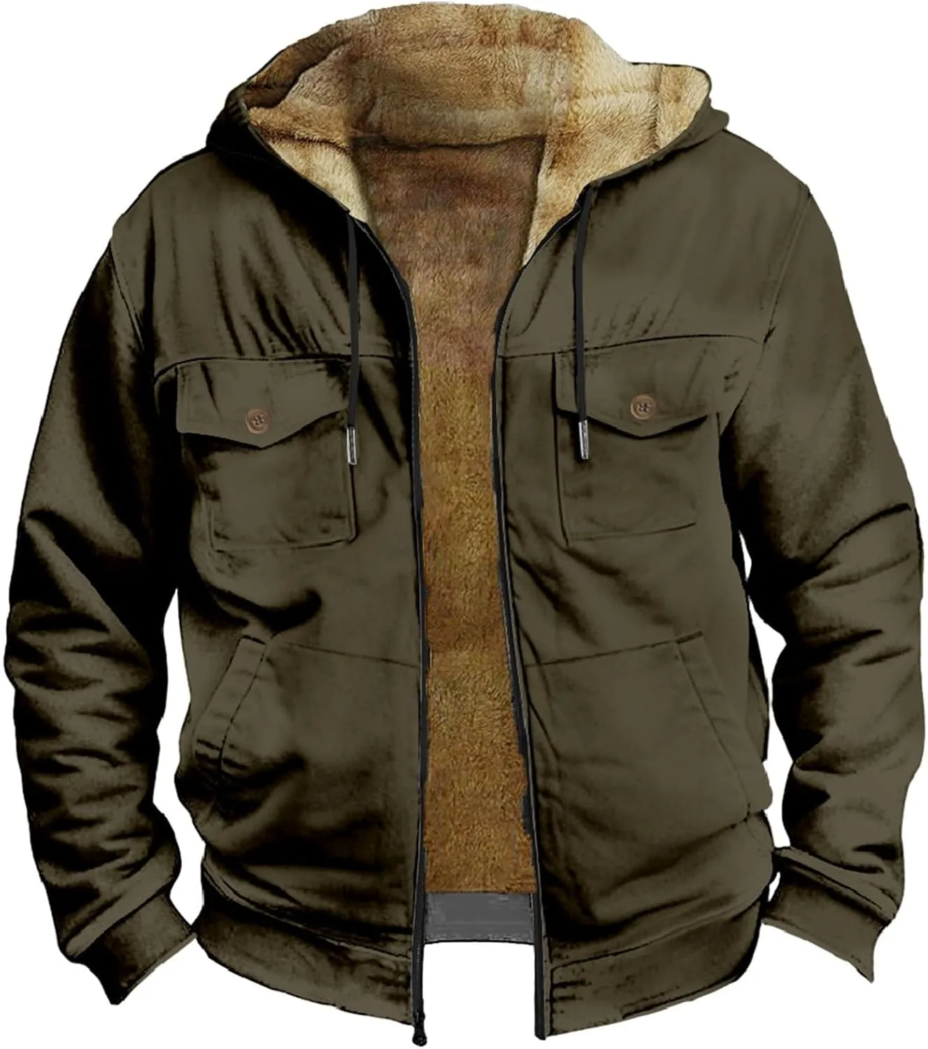 Men's Oversized Sherpa Lined Hoodies Thicken Fleece Drawstring Zip Up Hooded Jackets Sweatshirt Warm Soft Winter Coat