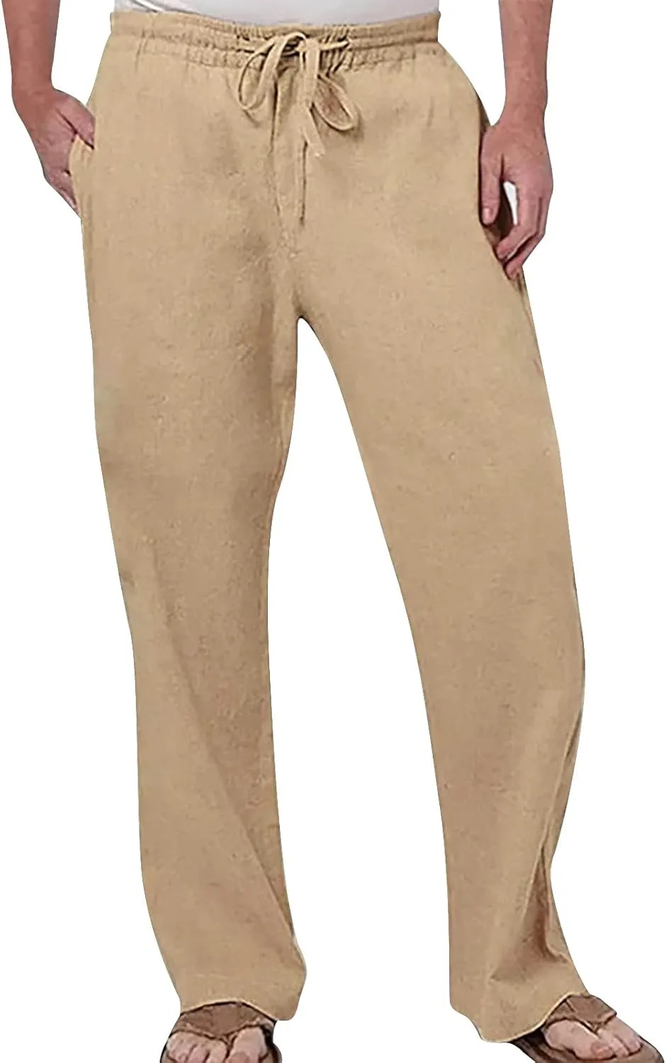 Men's Pants Relaxed Fit Mens Linen Beach Pants Summer Casual Solid Color Pants Elastic Waist Drawstring Loose Trousers with Pockets Skinny Chinos