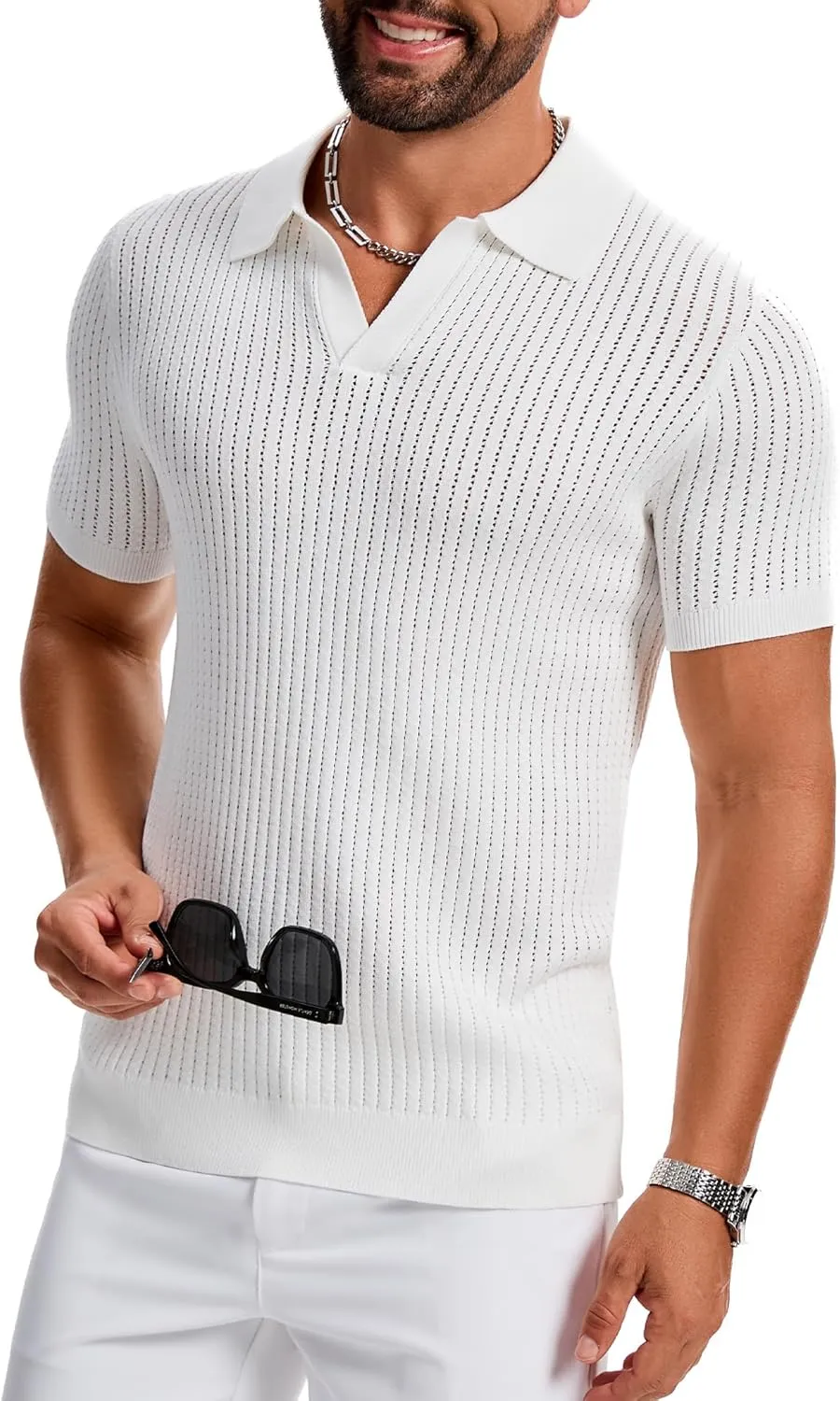 Mens Polo Shirts Ribbed Hollow Knit Polo Shirt Short Sleeve Muscle V Neck Golf Tees