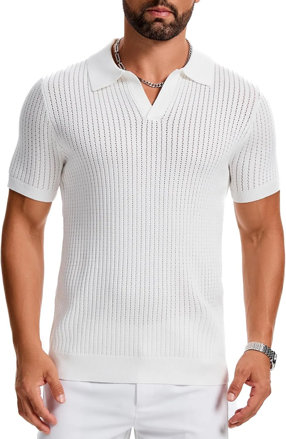 Mens Polo Shirts Ribbed Hollow Knit Polo Shirt Short Sleeve Muscle V Neck Golf Tees