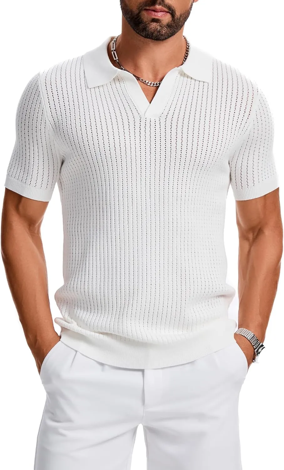 Mens Polo Shirts Ribbed Hollow Knit Polo Shirt Short Sleeve Muscle V Neck Golf Tees