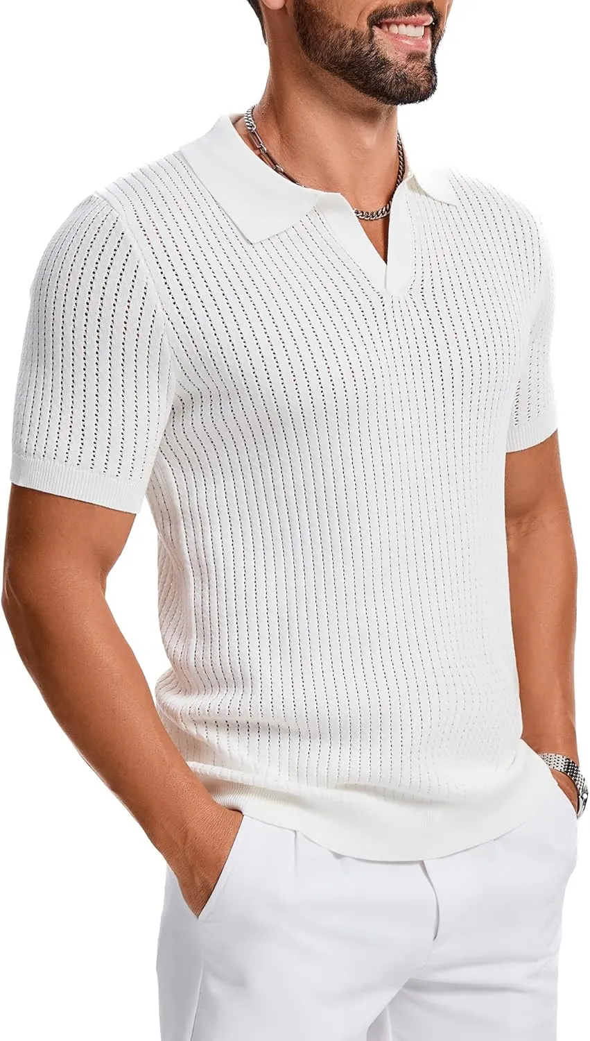Mens Polo Shirts Ribbed Hollow Knit Polo Shirt Short Sleeve Muscle V Neck Golf Tees