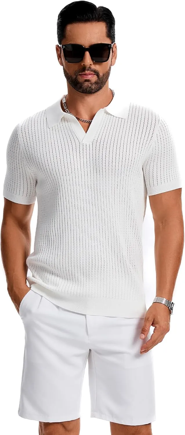 Mens Polo Shirts Ribbed Hollow Knit Polo Shirt Short Sleeve Muscle V Neck Golf Tees