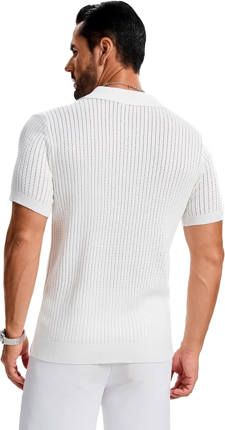 Mens Polo Shirts Ribbed Hollow Knit Polo Shirt Short Sleeve Muscle V Neck Golf Tees