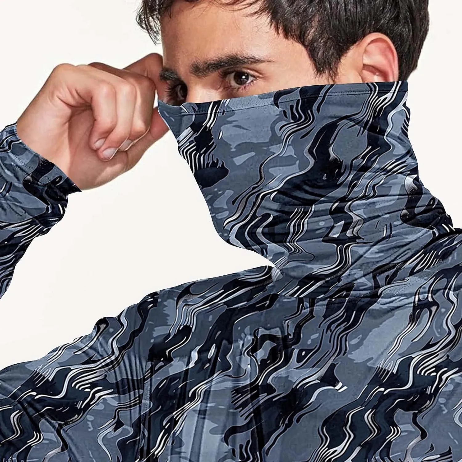 Mens Sun Protection Shirts UPF 50 Long Sleeve Hoodie Breathable Lightweight Beach Fishing UV SPF T-Shirts with Mask