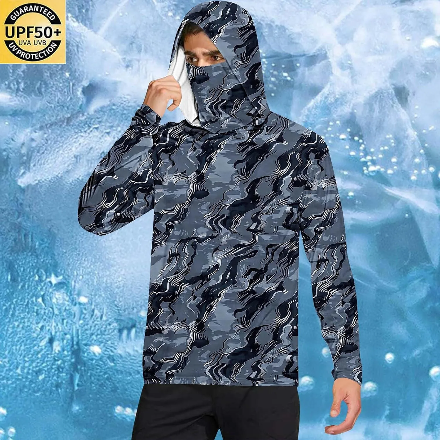 Mens Sun Protection Shirts UPF 50 Long Sleeve Hoodie Breathable Lightweight Beach Fishing UV SPF T-Shirts with Mask