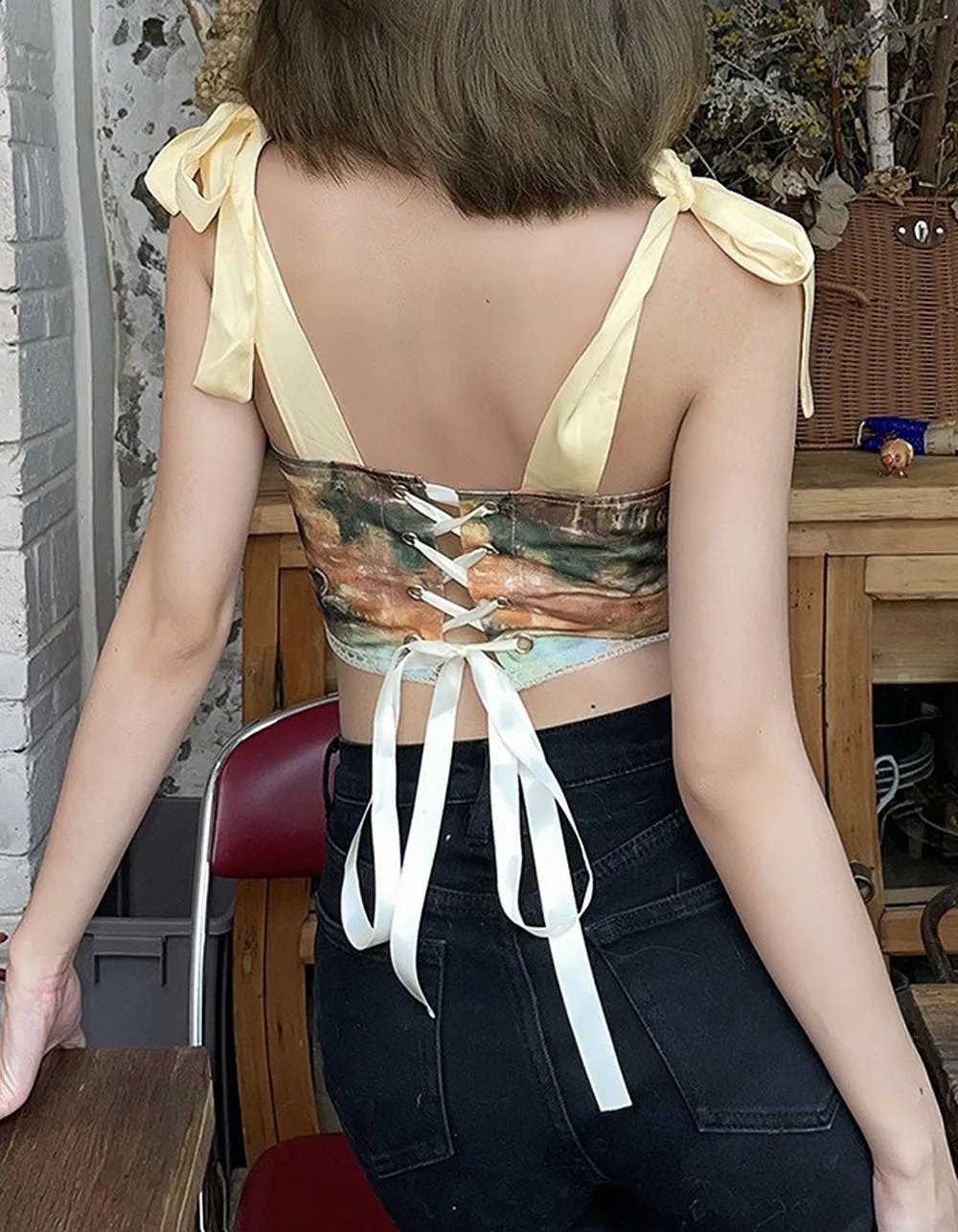 Oil Painting Printed Strap Plunge Slim Fit Camisole