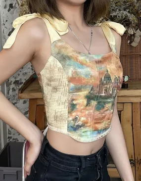 Oil Painting Printed Strap Plunge Slim Fit Camisole