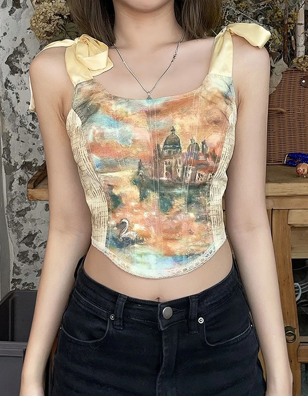 Oil Painting Printed Strap Plunge Slim Fit Camisole