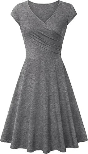 OMZIN Women's Elegant V-Neck Dress Short Sleeve Solid Color Runway Evening Dress