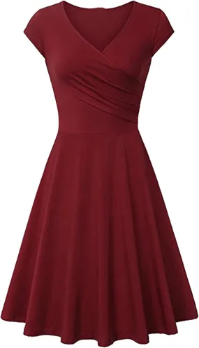 OMZIN Women's Elegant V-Neck Dress Short Sleeve Solid Color Runway Evening Dress
