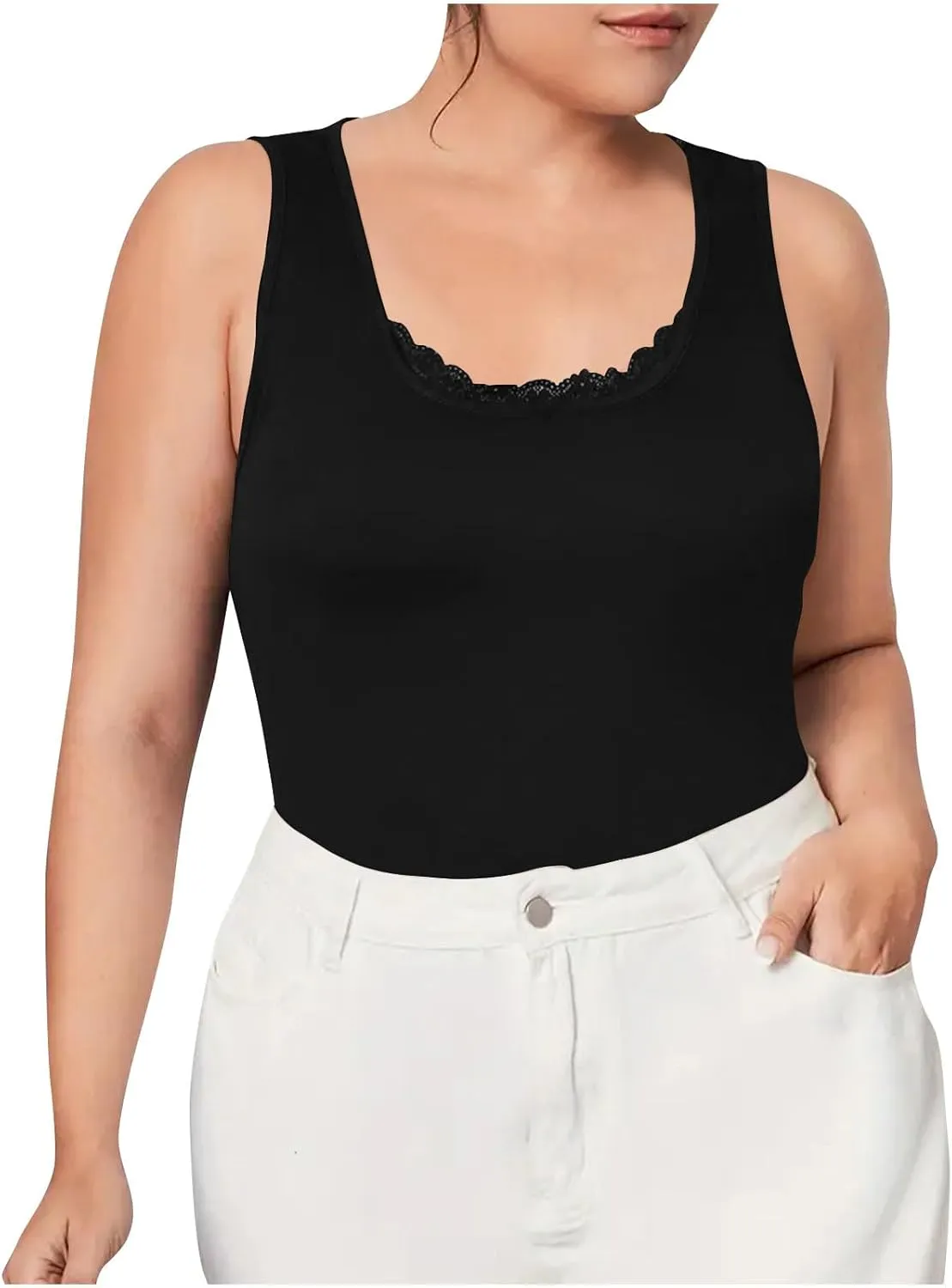 Plus Size Fitted Camisole for Women, Lace Trim U Neck Tank Tops Soft Stretch Cami Shirts Sleeveless Basic Undershrit
