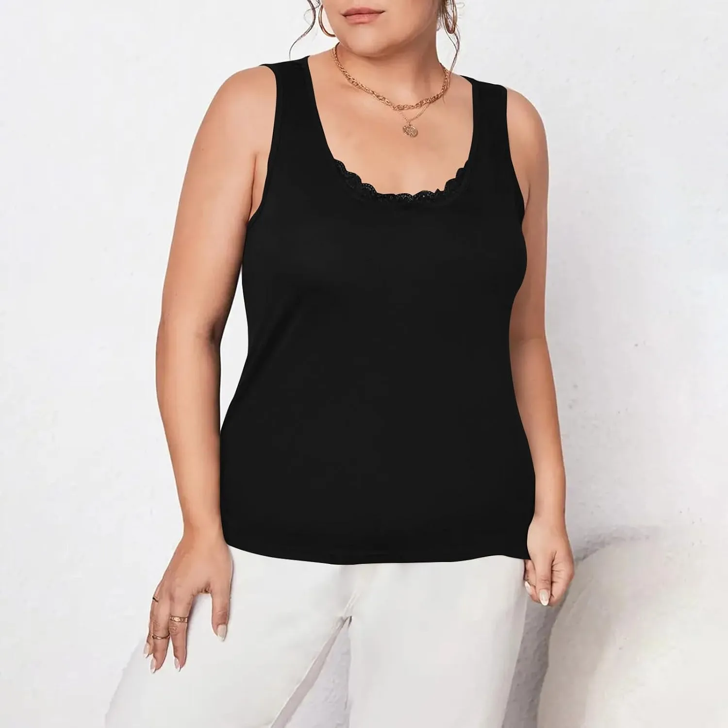 Plus Size Fitted Camisole for Women, Lace Trim U Neck Tank Tops Soft Stretch Cami Shirts Sleeveless Basic Undershrit