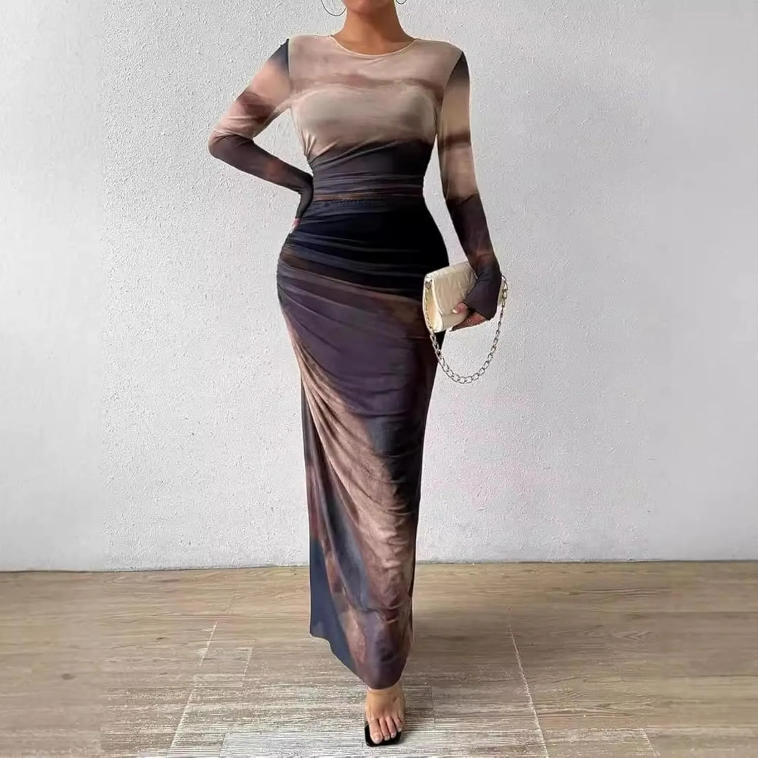 Ruched Dress Long Sleeve Dress Tie Dye Dress Maxi Dress Elegant Dress Slim Fit Dress Bodycon Dress Mesh Dress