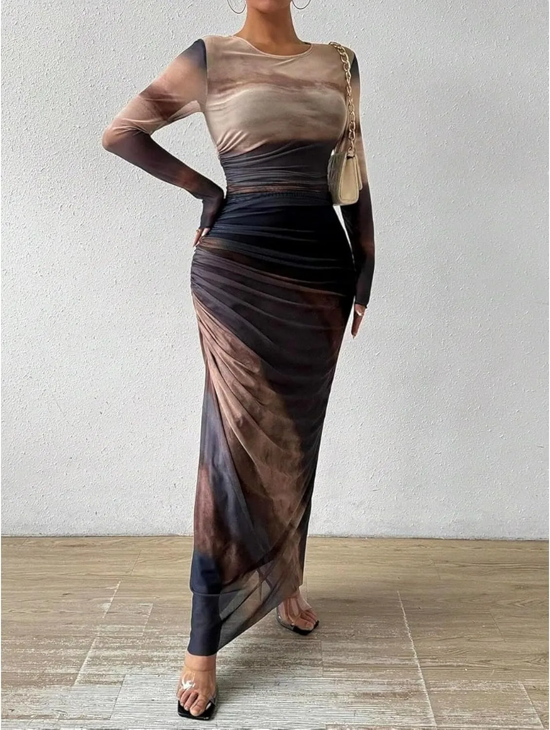 Ruched Dress Long Sleeve Dress Tie Dye Dress Maxi Dress Elegant Dress Slim Fit Dress Bodycon Dress Mesh Dress