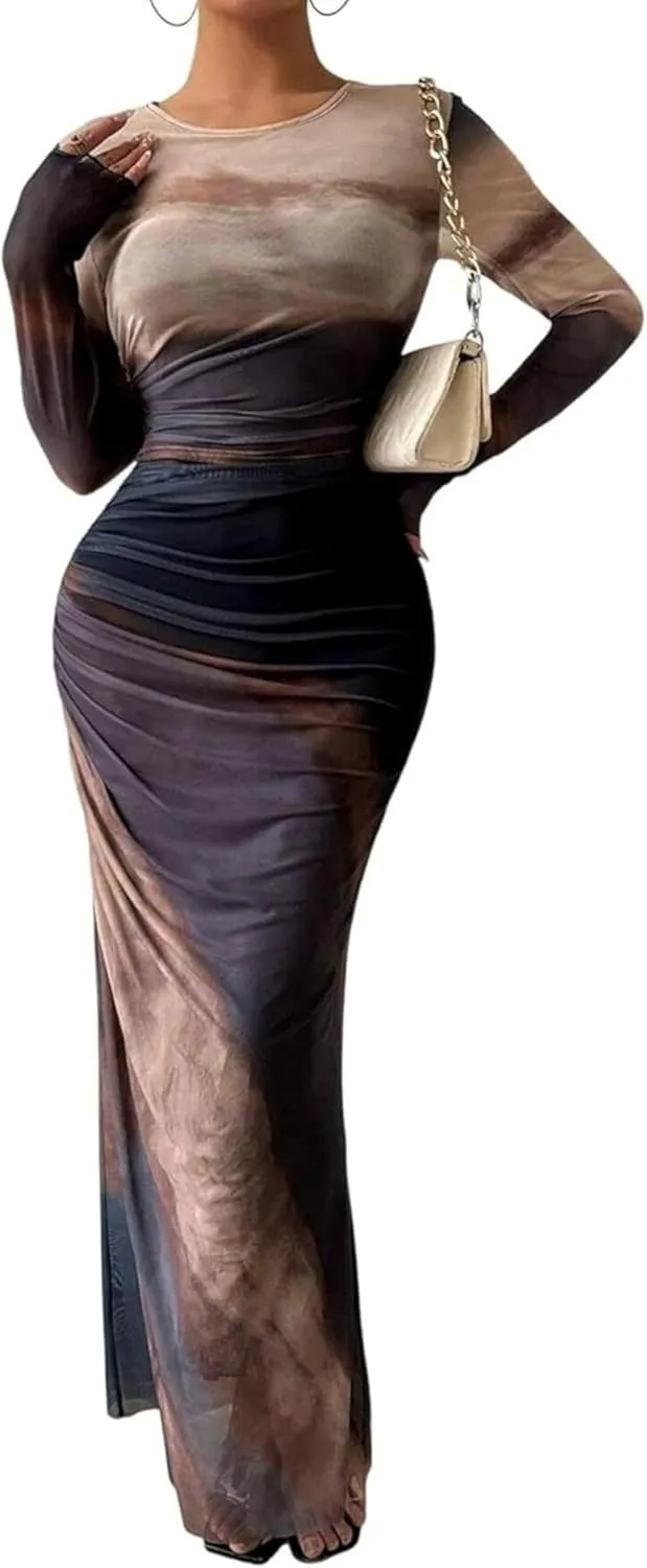Ruched Dress Long Sleeve Dress Tie Dye Dress Maxi Dress Elegant Dress Slim Fit Dress Bodycon Dress Mesh Dress