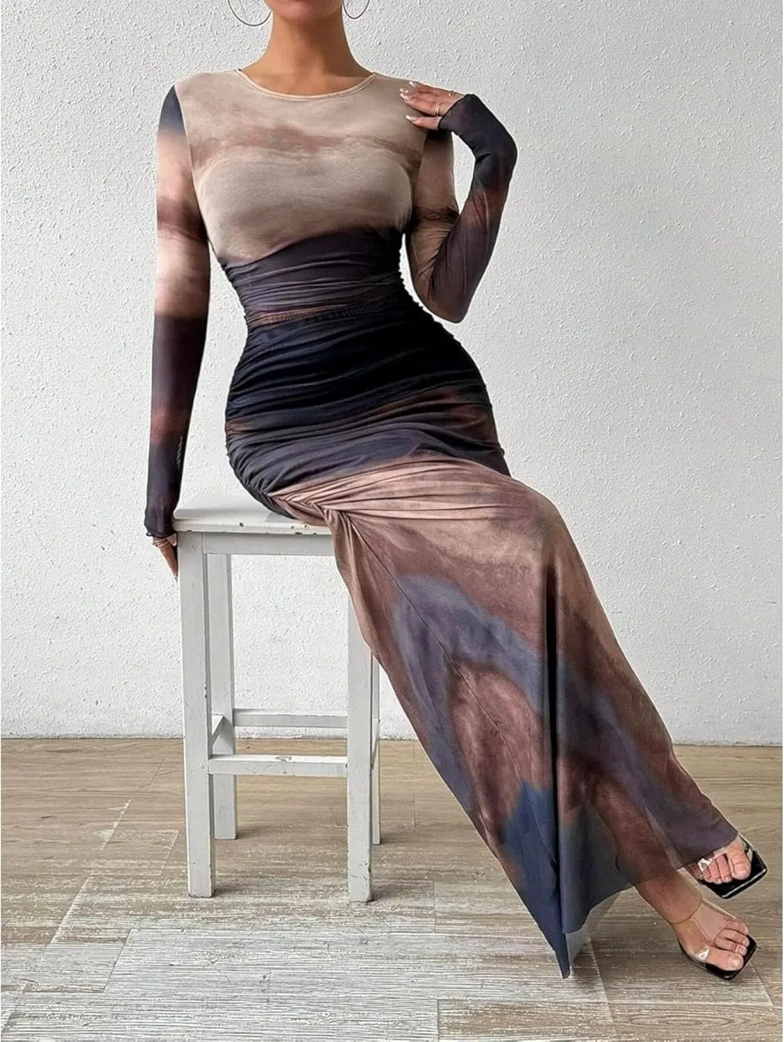 Ruched Dress Long Sleeve Dress Tie Dye Dress Maxi Dress Elegant Dress Slim Fit Dress Bodycon Dress Mesh Dress