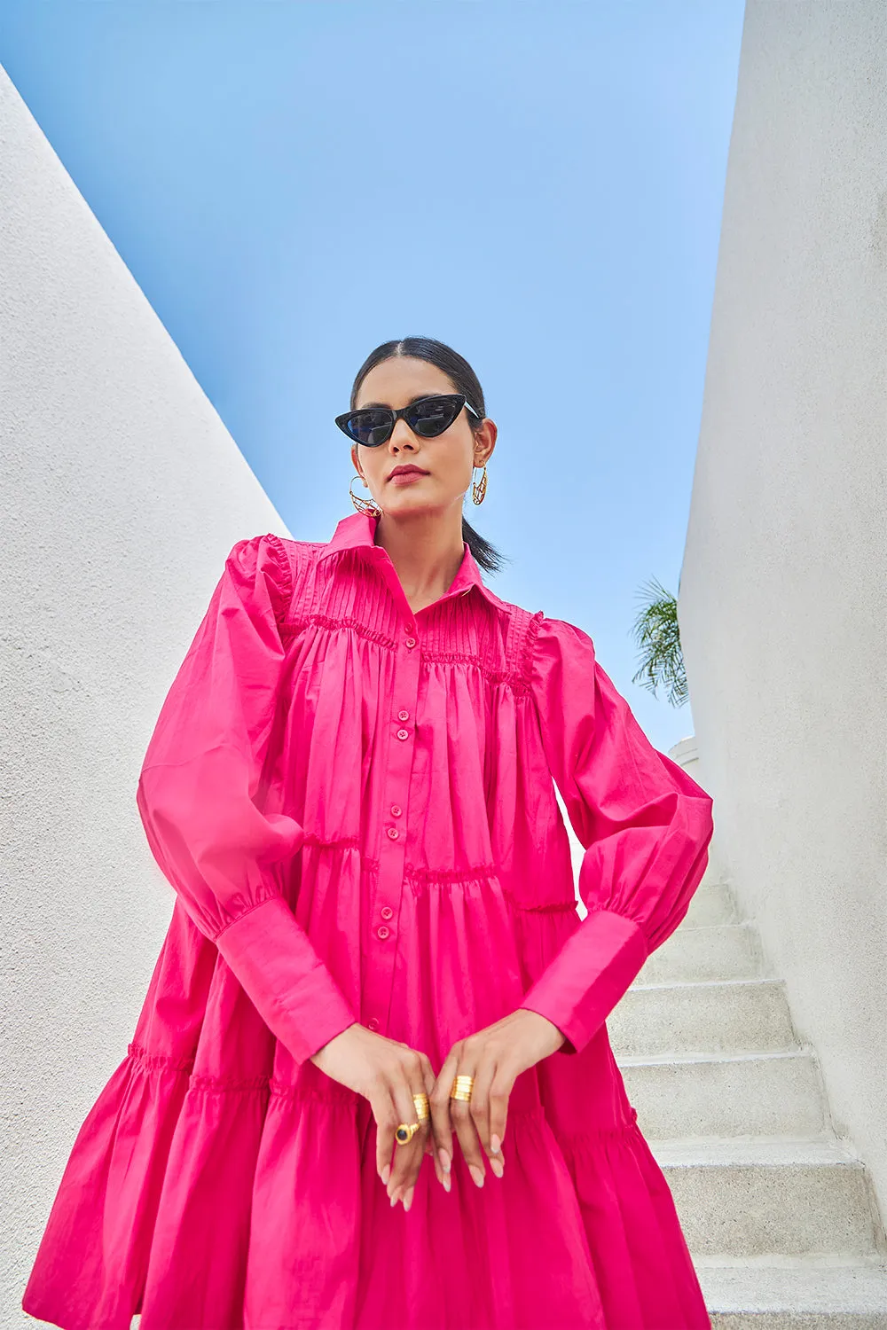 Ruffle Cotton Dress With Bishop Sleeves