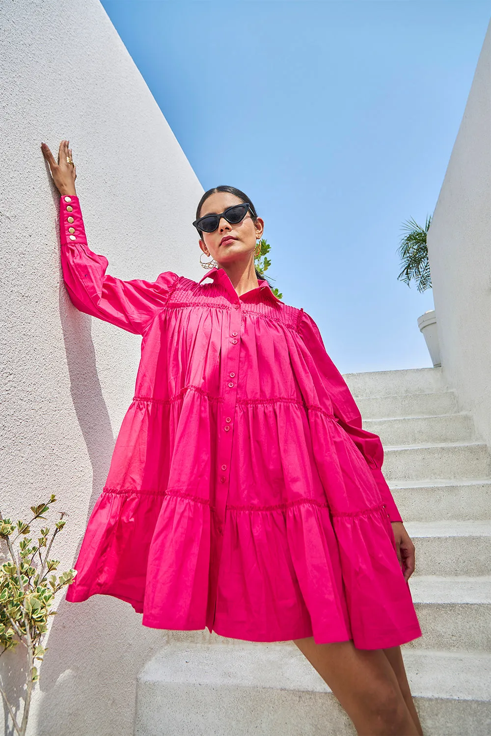 Ruffle Cotton Dress With Bishop Sleeves