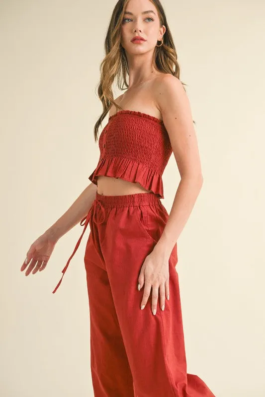 Rust Linen Smocked Strapless Top With Ankle Pants