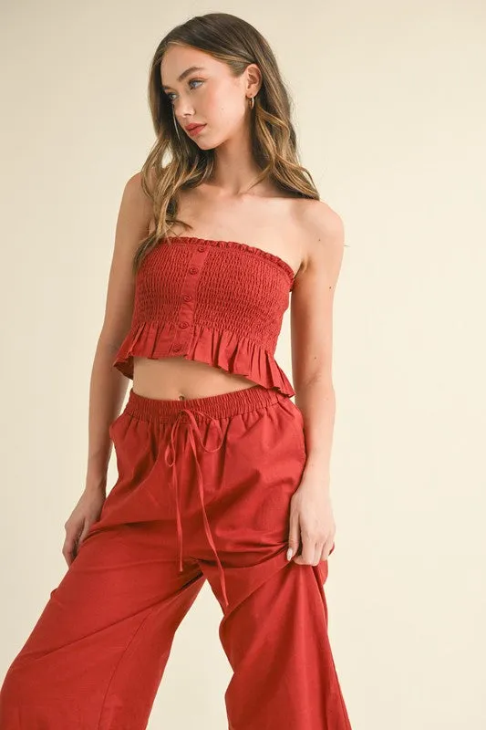 Rust Linen Smocked Strapless Top With Ankle Pants