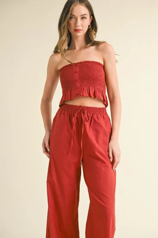 Rust Linen Smocked Strapless Top With Ankle Pants