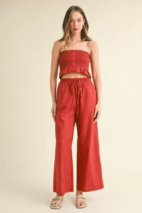 Rust Linen Smocked Strapless Top With Ankle Pants